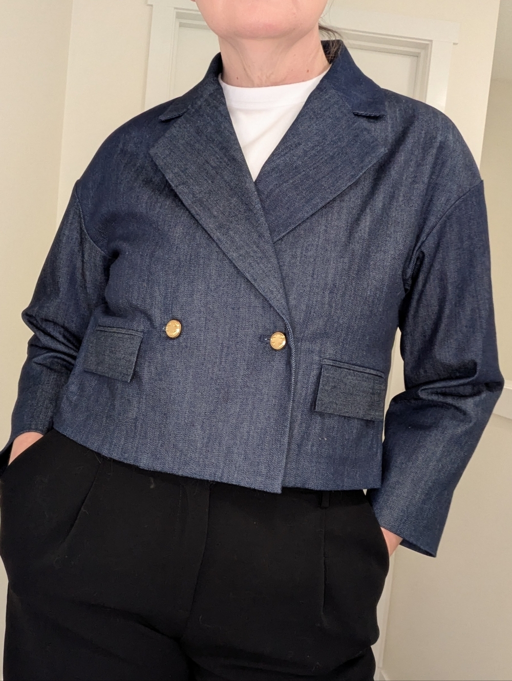 Pink Tartan Cropped Denim Blazer with Gold Buttons Size Medium